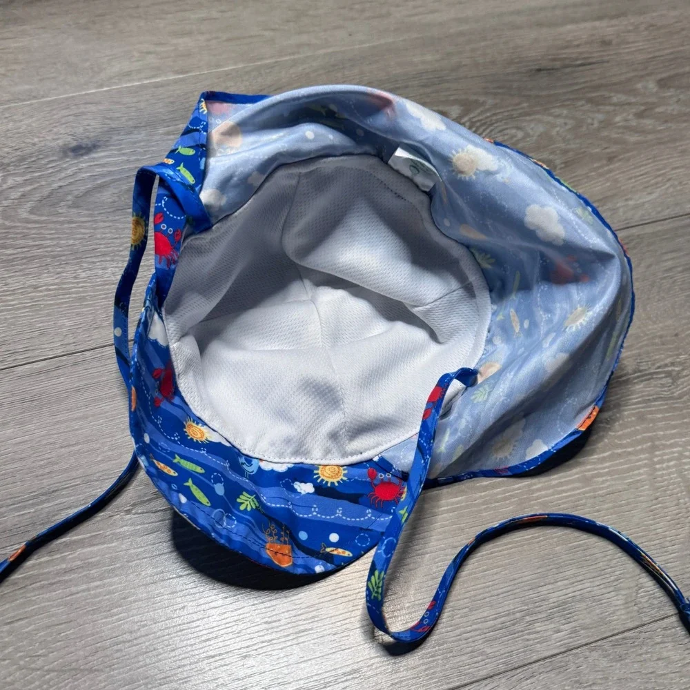Green Sprouts Baby Sun Hat Blue Sea Life Print Flap Hat 0-6 Months